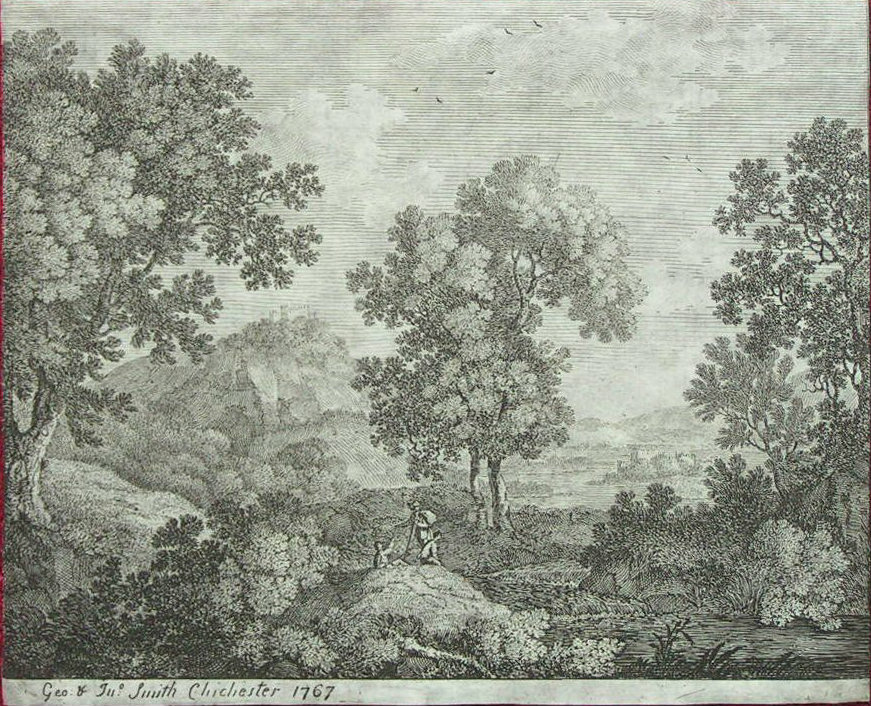Print - (Arcadian Landscape with trees, three figures and a distant castle) - Smith